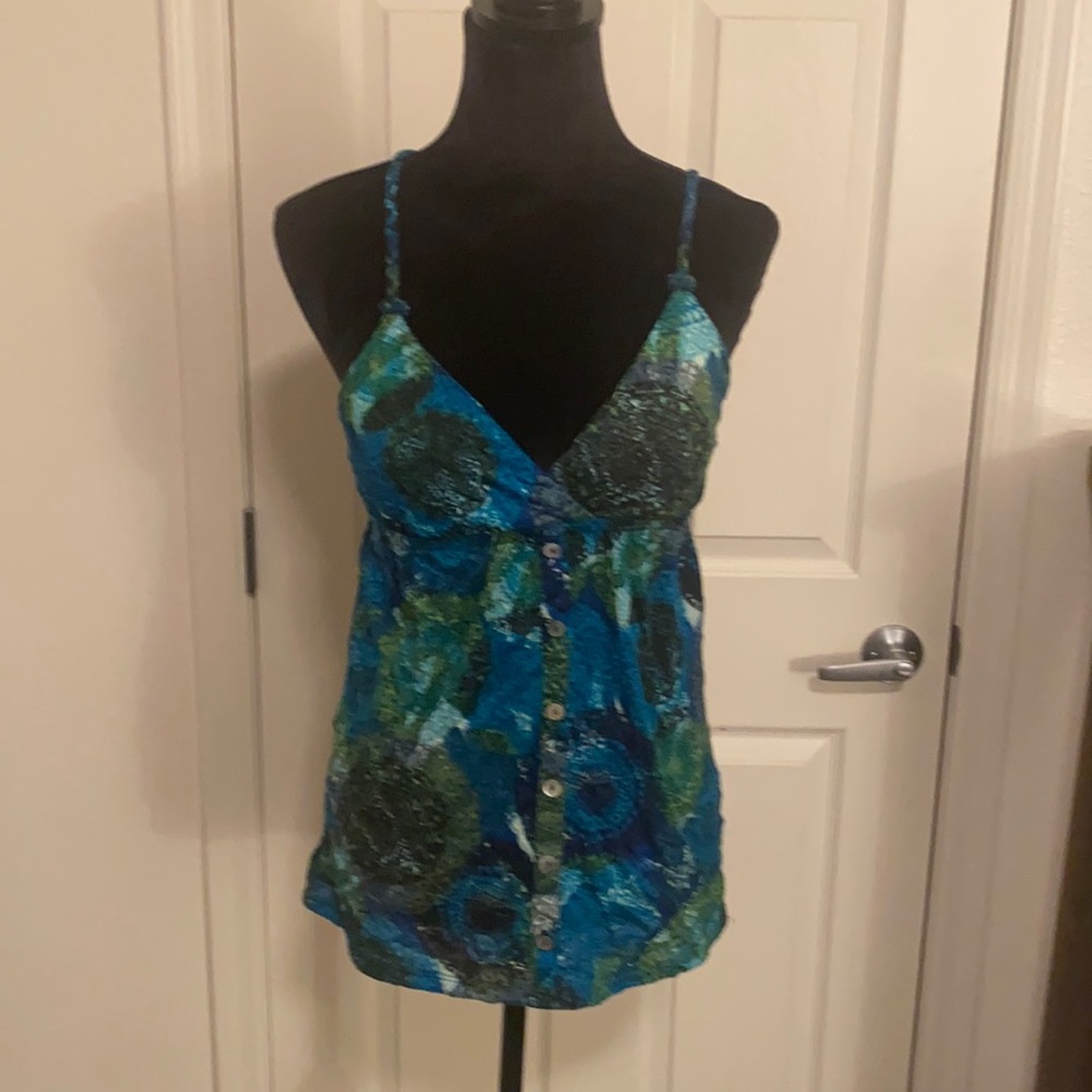 Blue and green tank top with buttons down the front